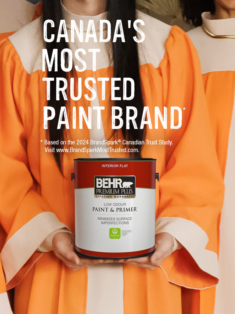 Mobile-sized image of a choir holding a can of Premium Plus Flat interior paint with the words Most Trusted Brand in the foreground