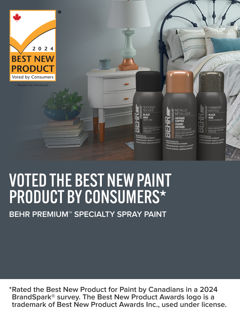 Mobile-sized image of Behr Premium Spray paint cans with with furniture in the background and text overlay that says Upgrade the way you spray.