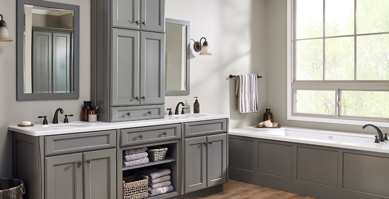 bathroom with dark gray cabinets