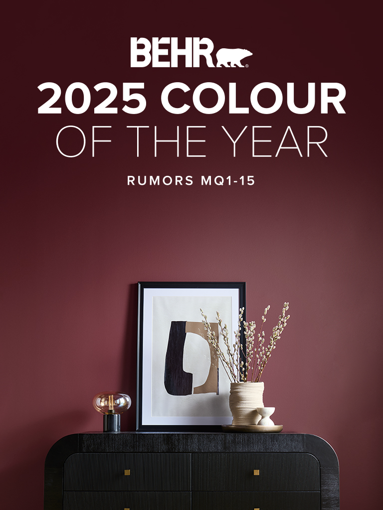 Mobile-sized banner of a hallway painted in Rumors, featuring Behr 2025 Colour of the Year, Rumors