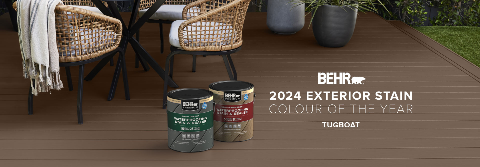 Wooden deck stained in Tugboat, featuring Behr 2024 Colour of the Year, Tugboat