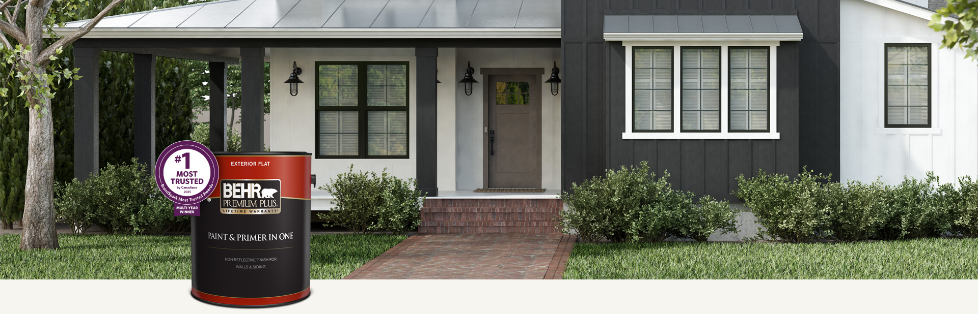 Black and white house exterior with a can of Behr Premium Plus Exterior Flat in foreground