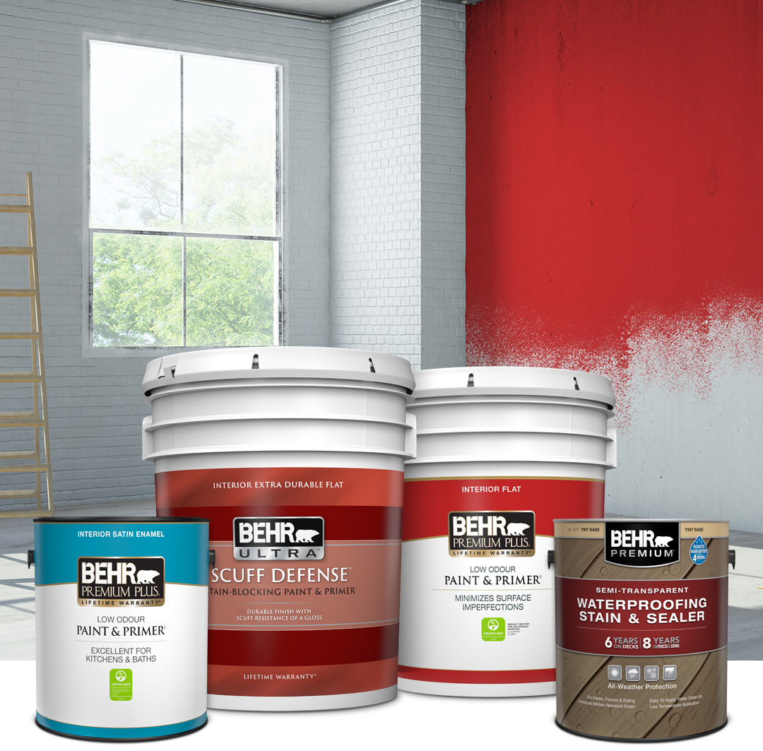 Behr paint and stain products in a room in progress
