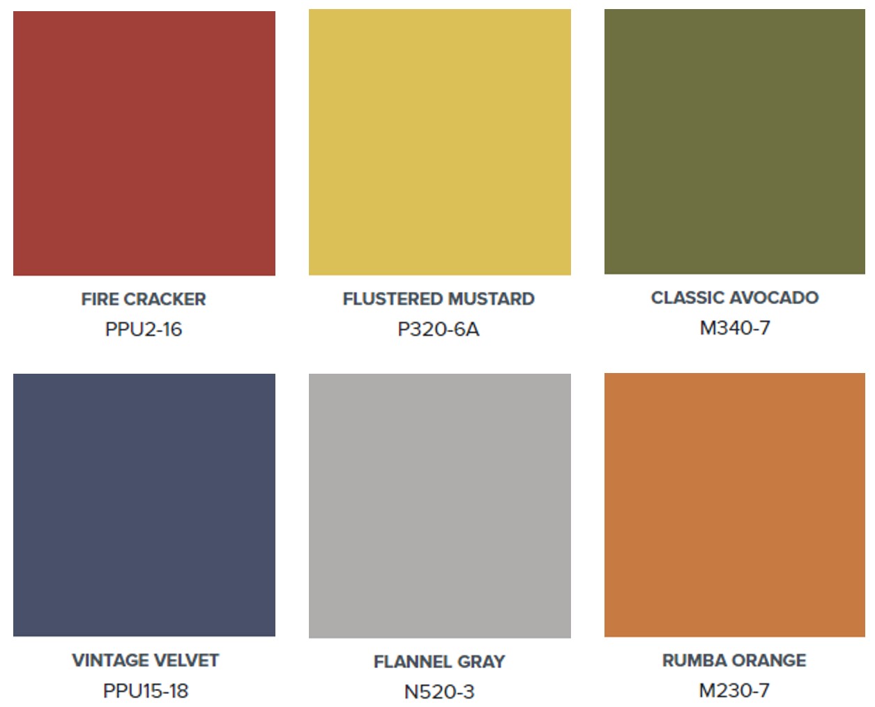 A palette featuring six colours – Fire Cracker, Flustered Mustard, Classic Avocado, Vintage Velvet, Flannel Gray, and Rumba Orange