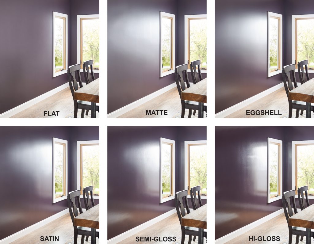 A comparison of the same dining room with different sheens – Flat, Matte, Eggshell, Satin, Semi-Gloss, and Hi-Gloss