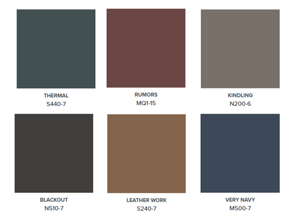 A palette of six colours – Thermal, Rumors, Kindling, Blackout, Leather Work, Very Navy