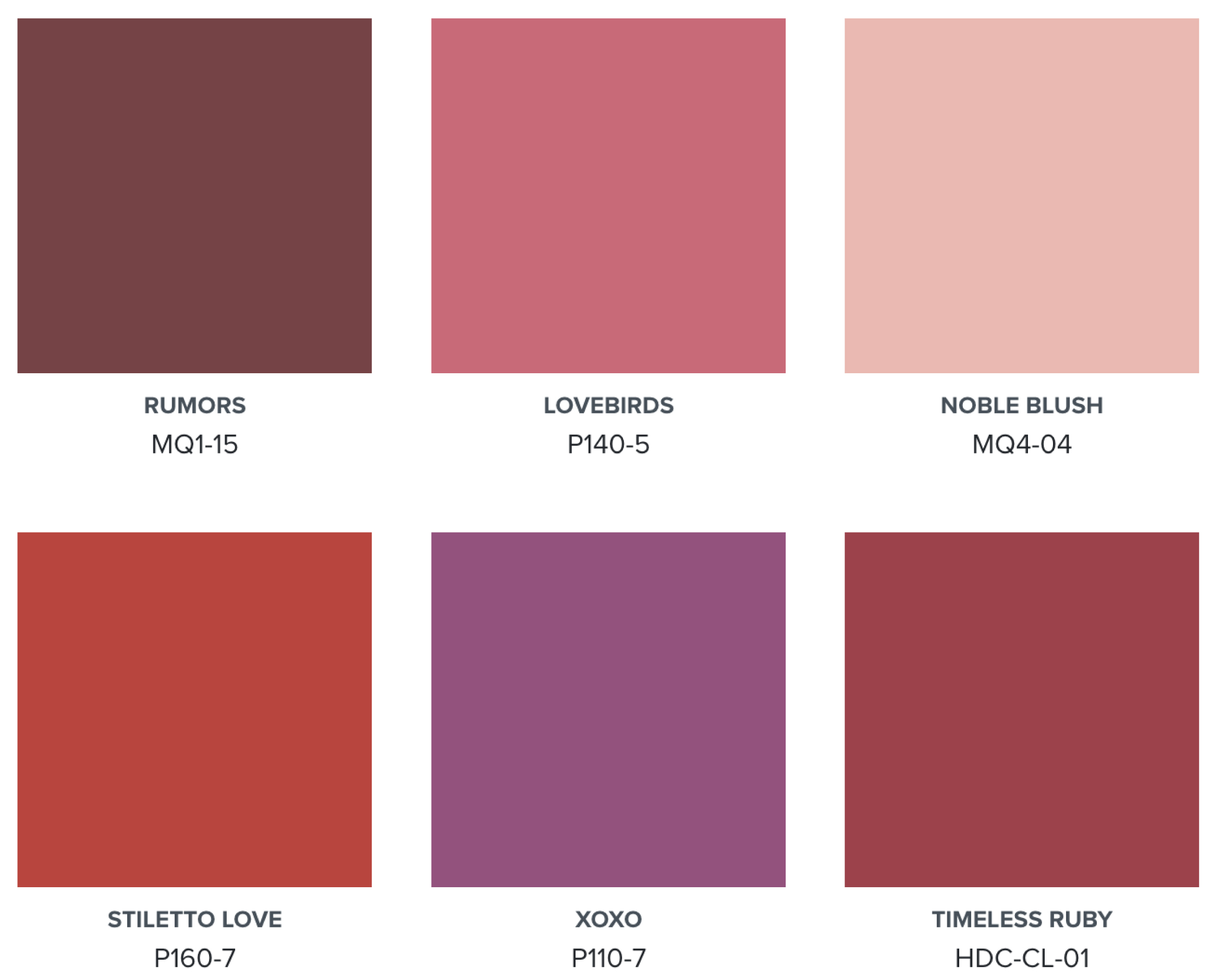 A colour palette of pink and red hues.