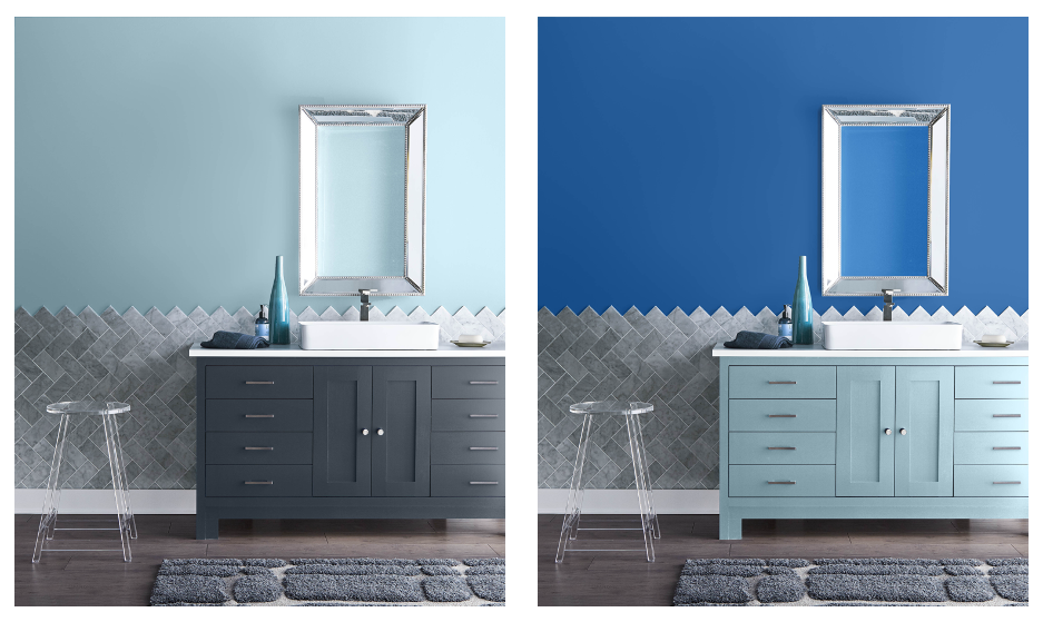 Two of the same bathrooms, side by side. One has walls painted in a soft blue. The other is painted in a bright, bold blue.