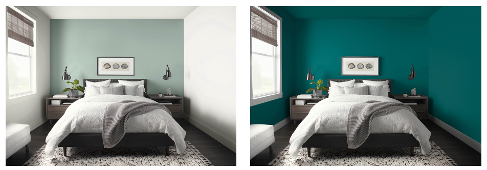 Two of the same bedrooms, side by side. One has walls painted in white with an accent of a soft green colour. The other is painted in a deep bold teal.