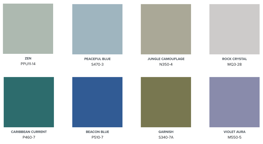 A colour palette showing neutral and bold green, blue, and purple colours