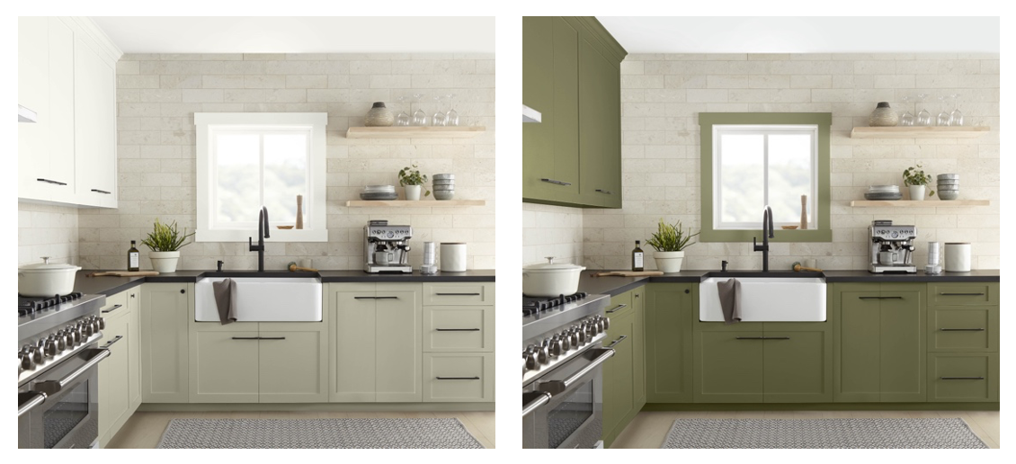 Two of the same kitchens, side by side. One has two-toned cabinets painted in white and a dusty grey-green colour. The other is painted in a deep dark green.