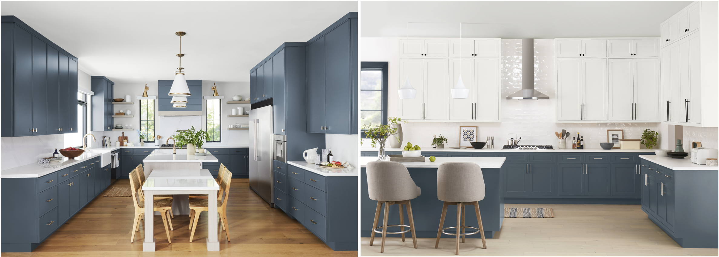 (Left kitchen) A kitchen prominently features striking blue cabinets that add a bold and vibrant touch to the space. These cabinets are complemented by a white countertop and wooden accents, including a central island with chairs and open shelving above the sink.  (Right kitchen) A kitchen with dark blue cabinets and white upper cabinets, and casual upholstered bar stools at the island. This stylish kitchen features pendant lighting, kitchenware, and plants.