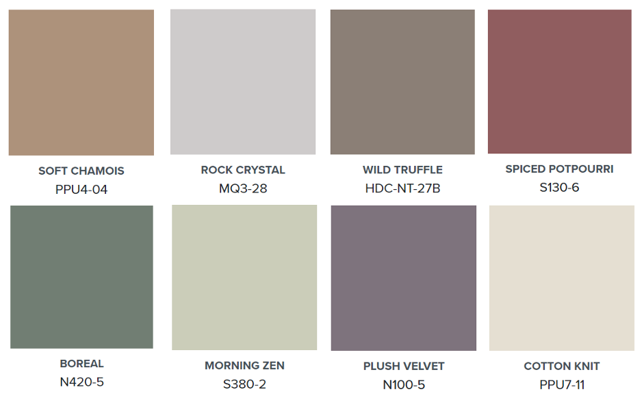 A colour palette with deep greens, reds, purples and neutral hues.