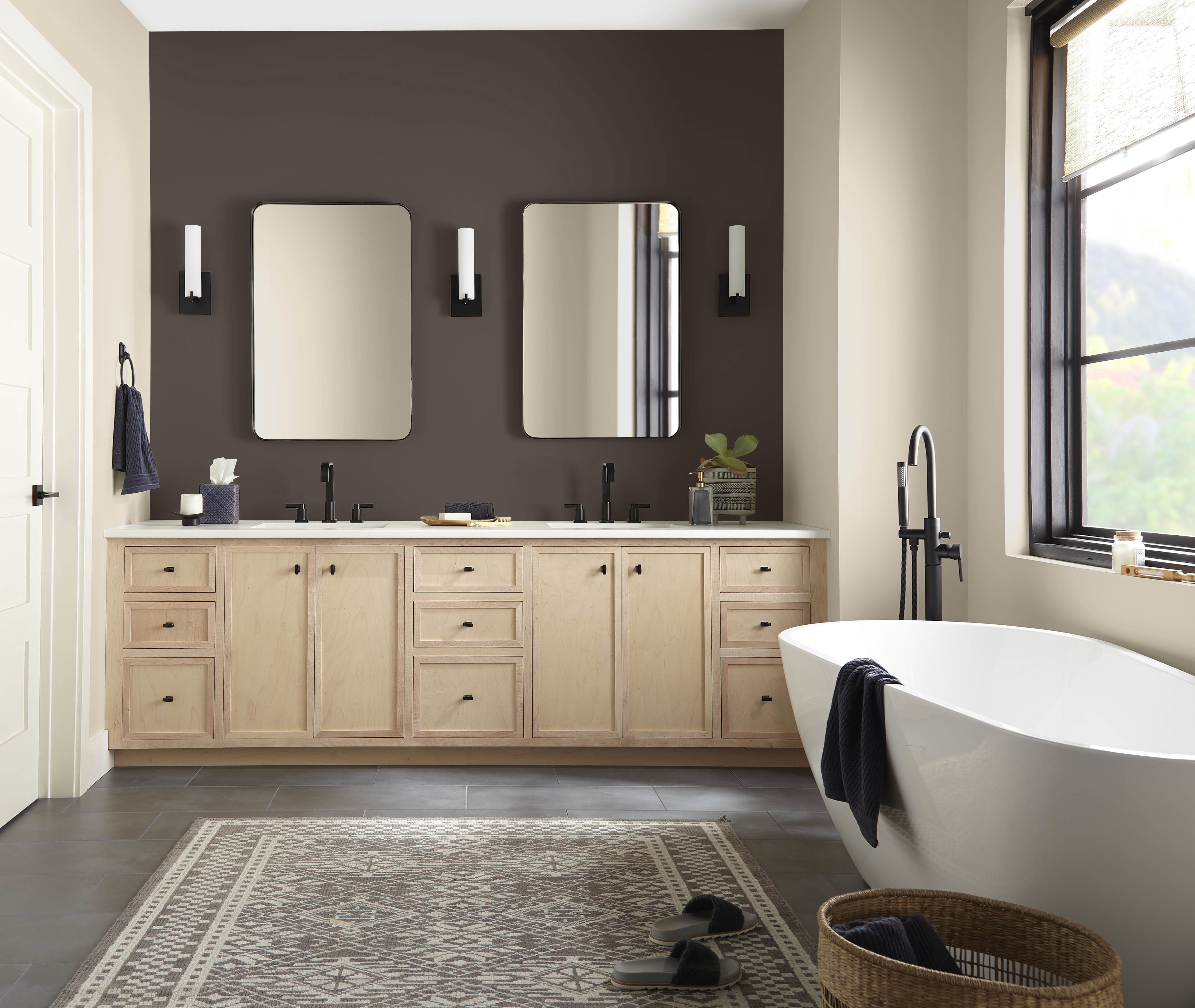 A spacious modern Organic style bathroom with a spa feel.  There is an accent colour feature above the vanity is called Espresso Beans. 