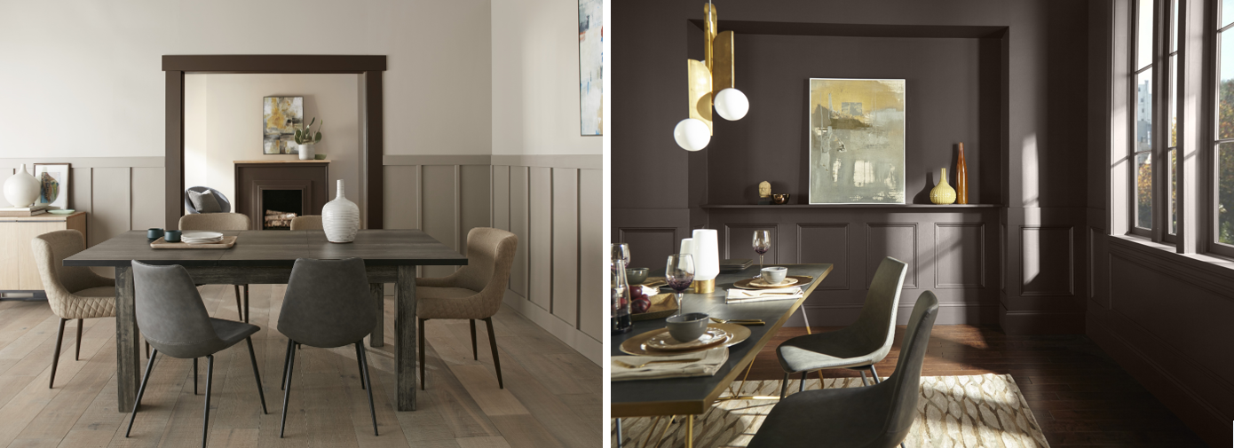 A modern farmhouse style dining room with two tone walls. A contemporary and elegant dining room with a dark brown colour drench application on the walls. 