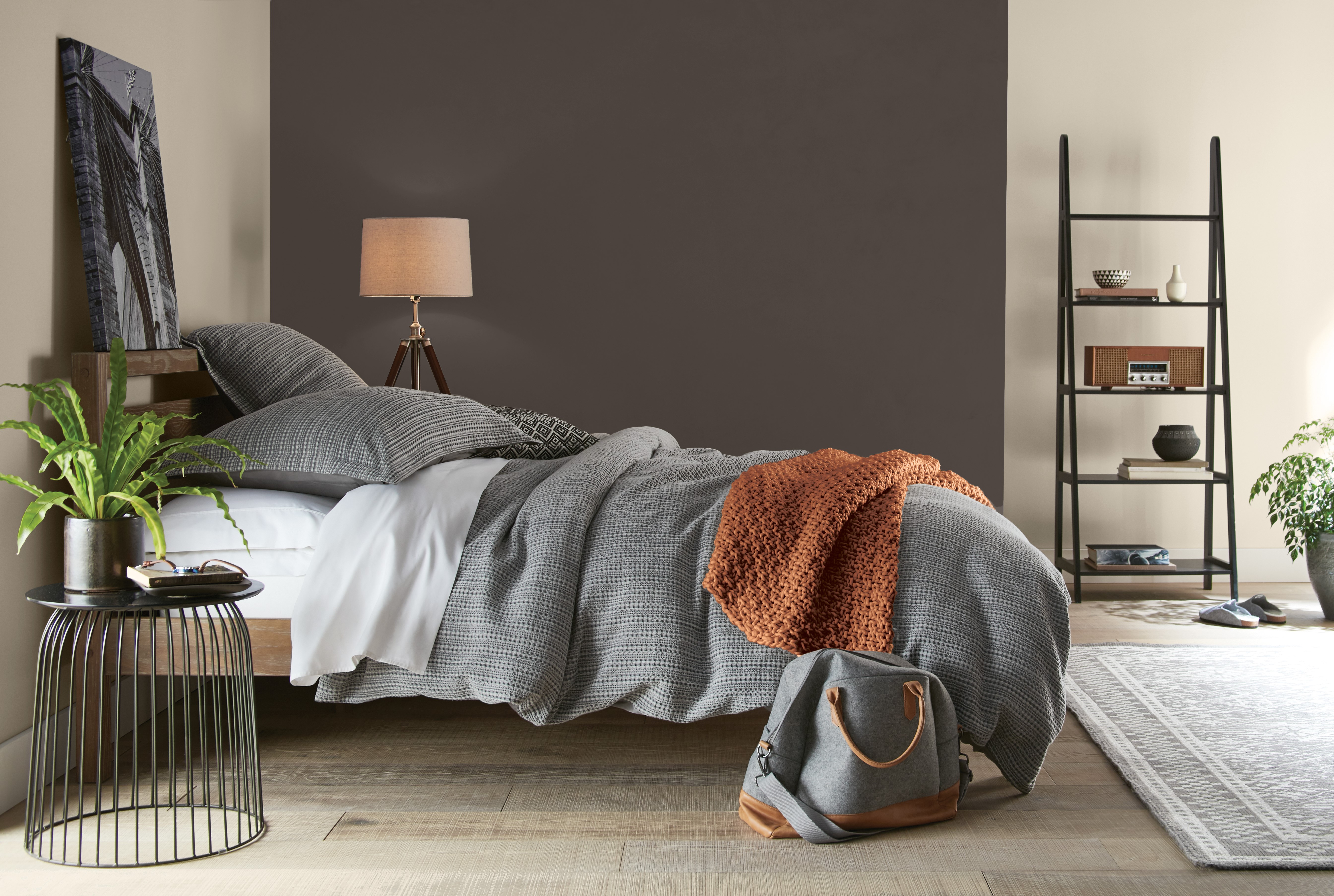 An urban style modern bedroom with an accent wall painted with a beautiful dark brown colour called Espresso Beans. 