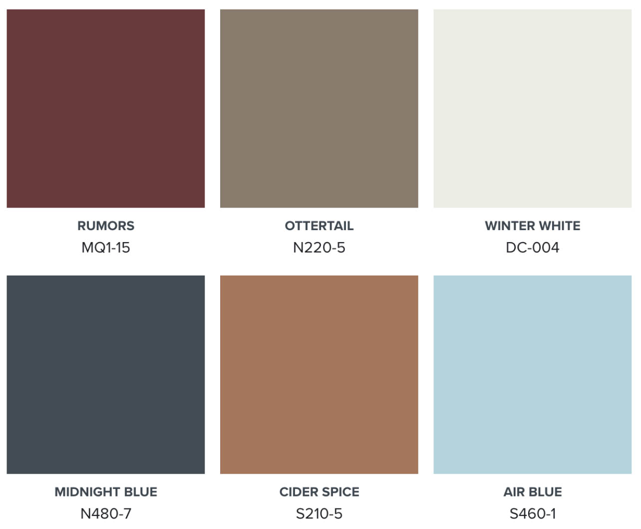 A color palette representing country hues in Red, brown, blue, orange and white.