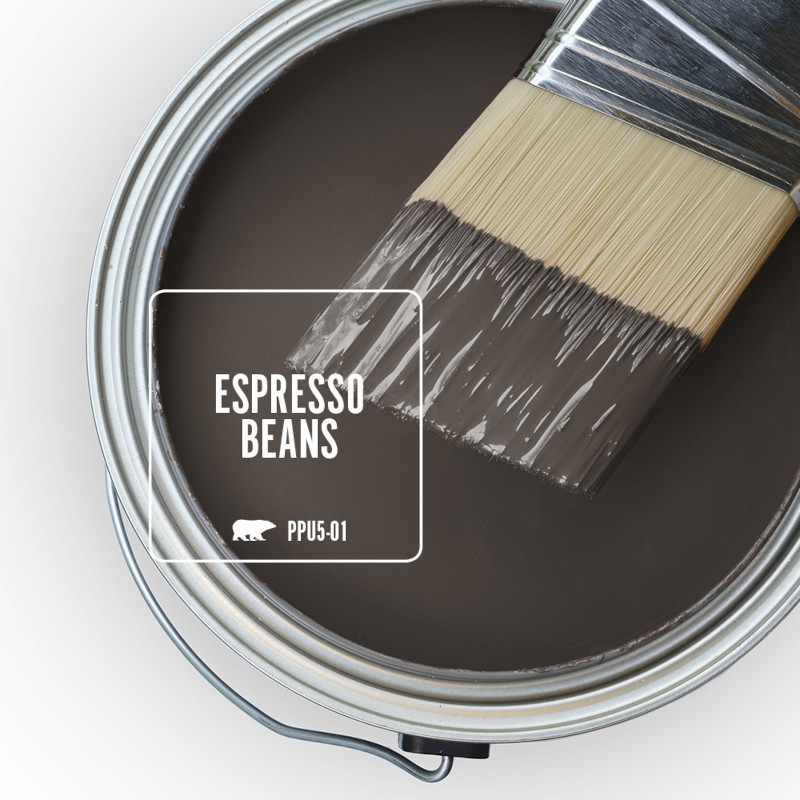 The top view of an open paint can featuring a dark paint colour called Espresso Beans. 