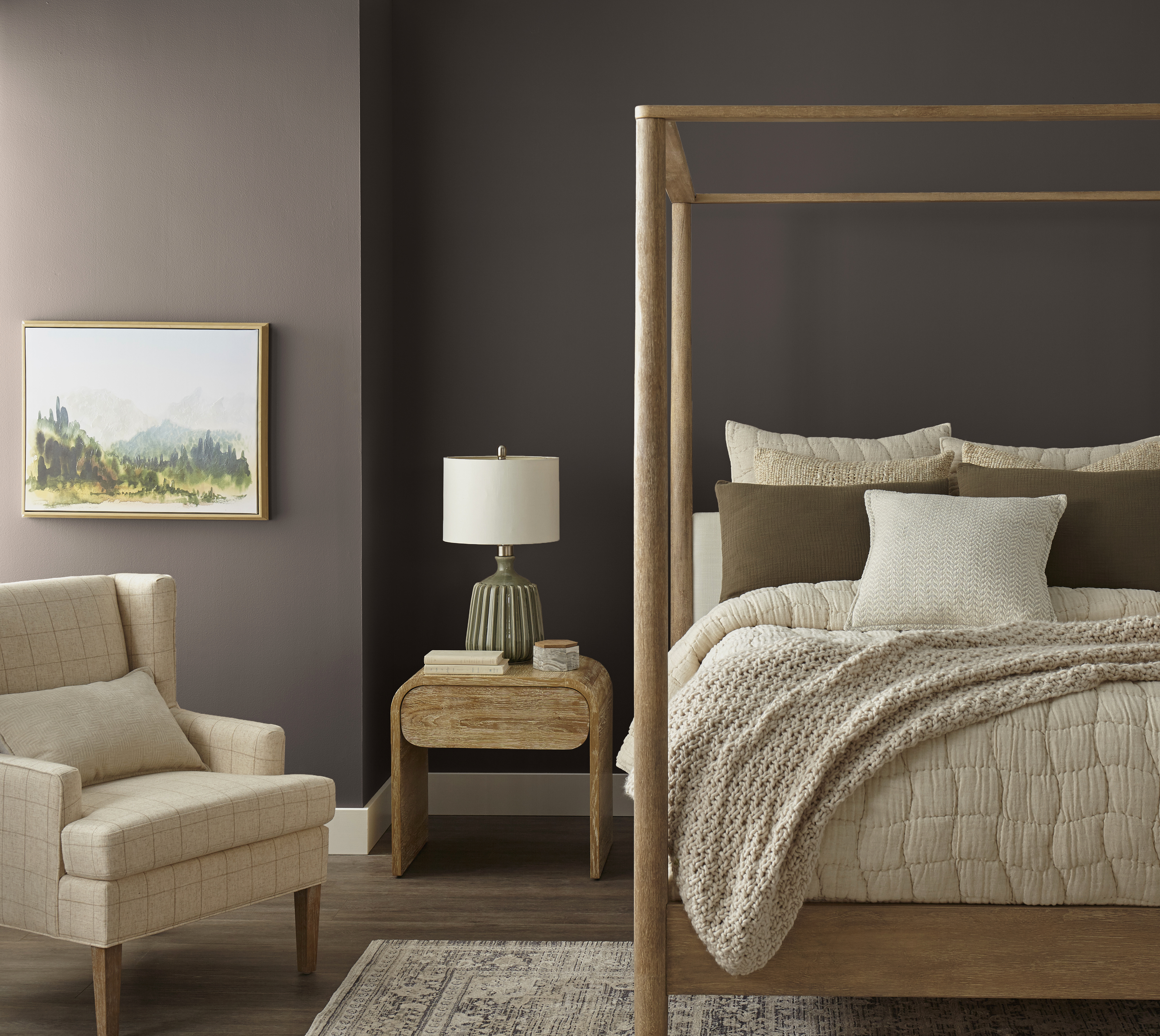 A bedroom painted in warm dark brown hue.