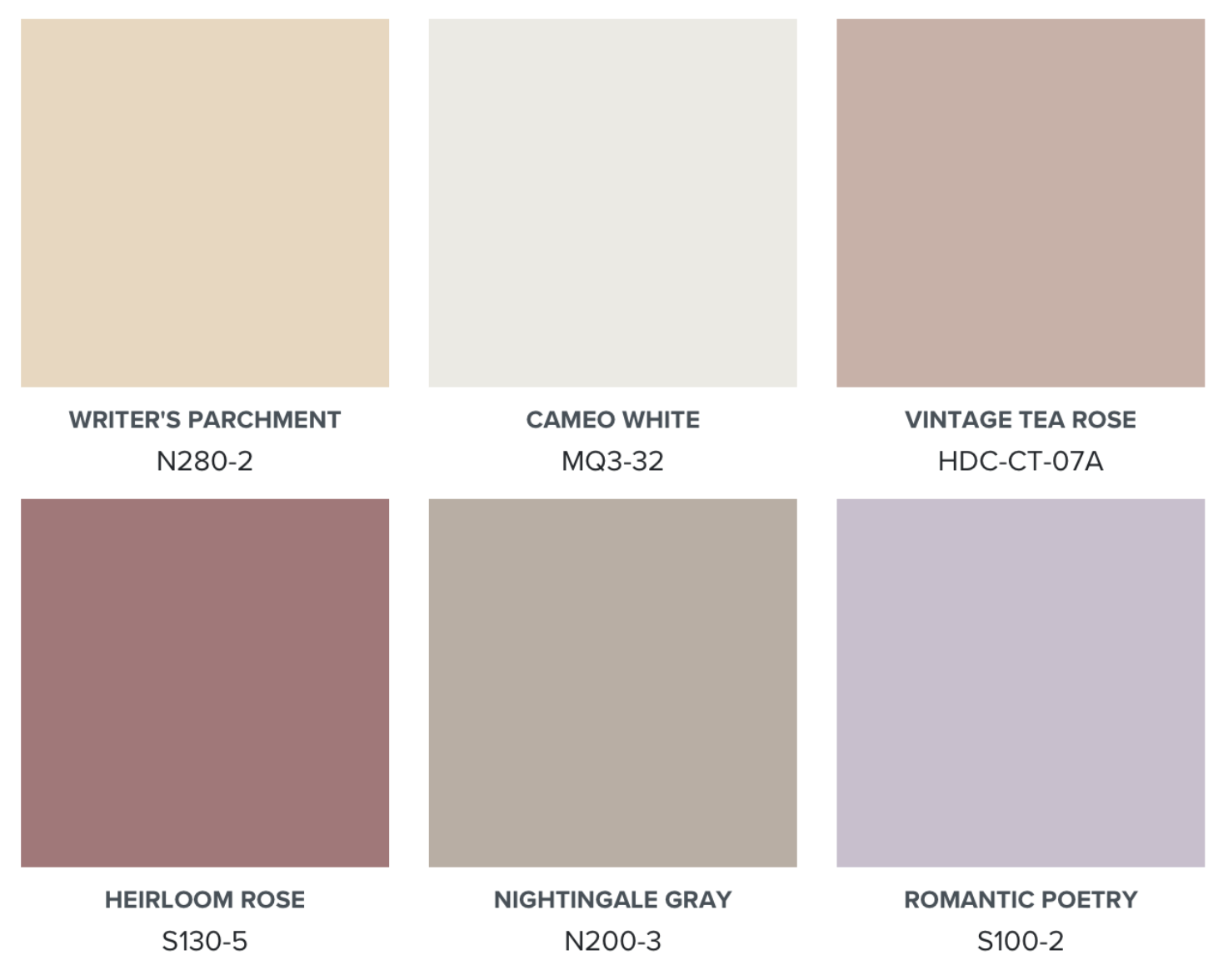 A colour palette featuring whites, roses, grey and purple.