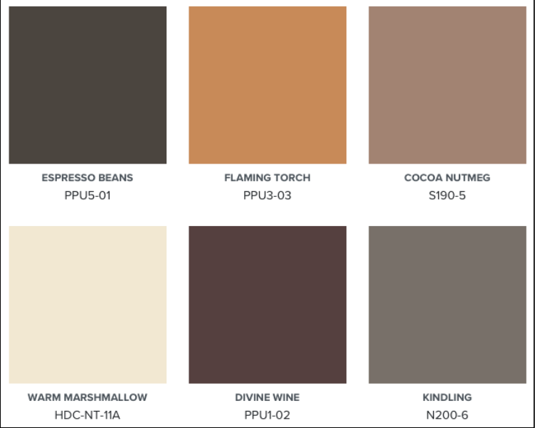 A colour palette with warm and neutral browns, orange and white.